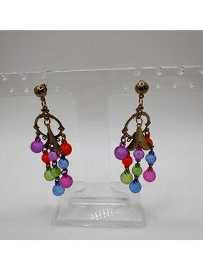 Vintage 80s Neon Chandelier Earrings Multicolor Dangle Pierced Fun Color